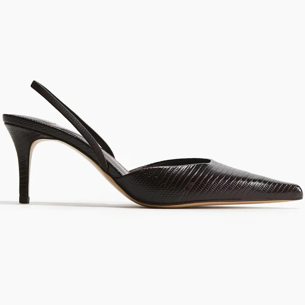 H&M Edition Premium Pointed Slingback Pumps. Dark Brown Croc-Embossed Leather. - Picture 2 of 12